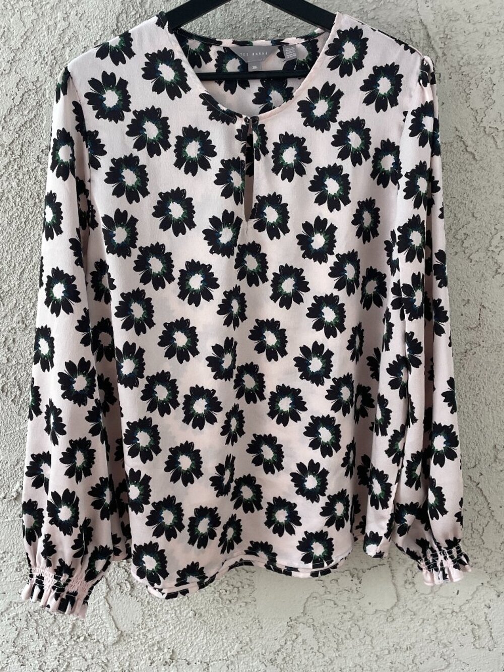 Ted Baker XL Blouse Office Siren Floral Keyhole Puff Sleeve Pink Black Green